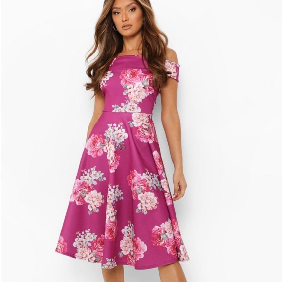 SCUBA FLORAL OFF THE SHOULDER MIDI SKATER DRESS, size 10 - Picture 3 of 5